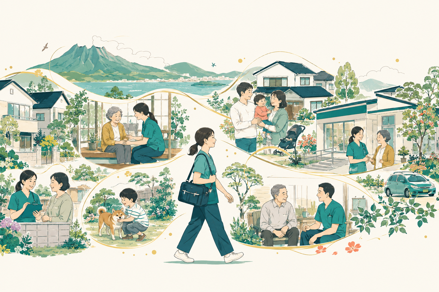 地域の暮らしと訪問看護のつながりを表したイラスト